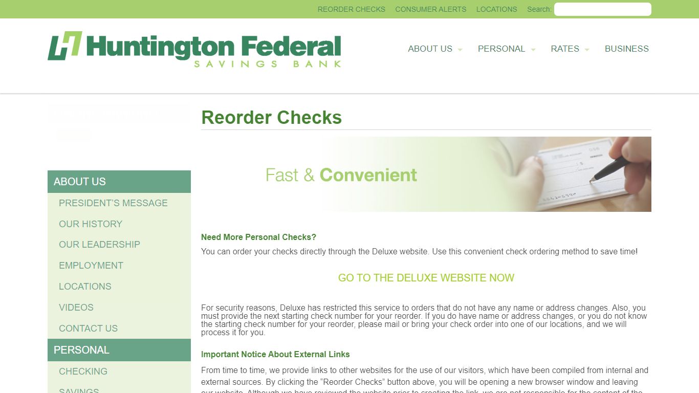 Reorder Checks | Huntington Federal Savings Bank